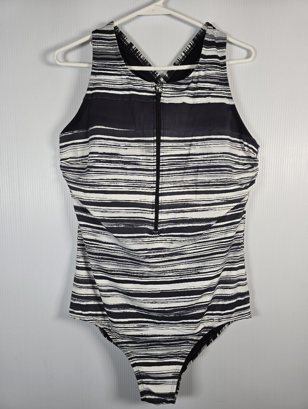 Lands' EndWomen’s Black & White Striped One-Piece Swimsuit with Front Zip Size L